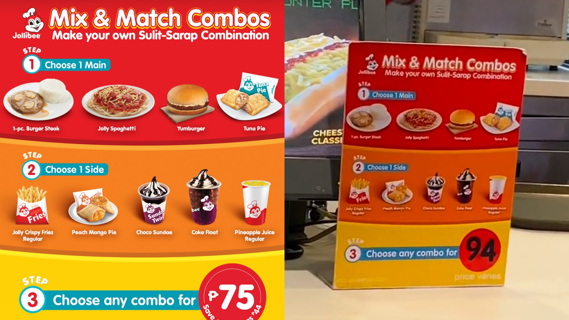 Jollibee Mix and Match Price Increase from 75 pesos to 94 pesos